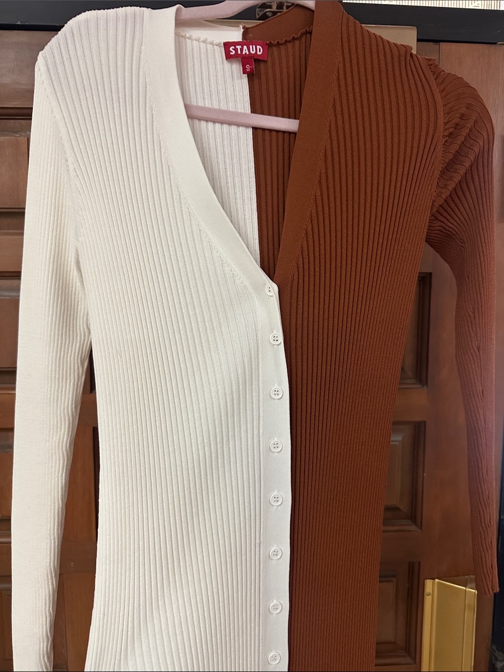 Staud Ribbed Button-Front Midi Dress in White & Brown size S - Picture 3 of 7